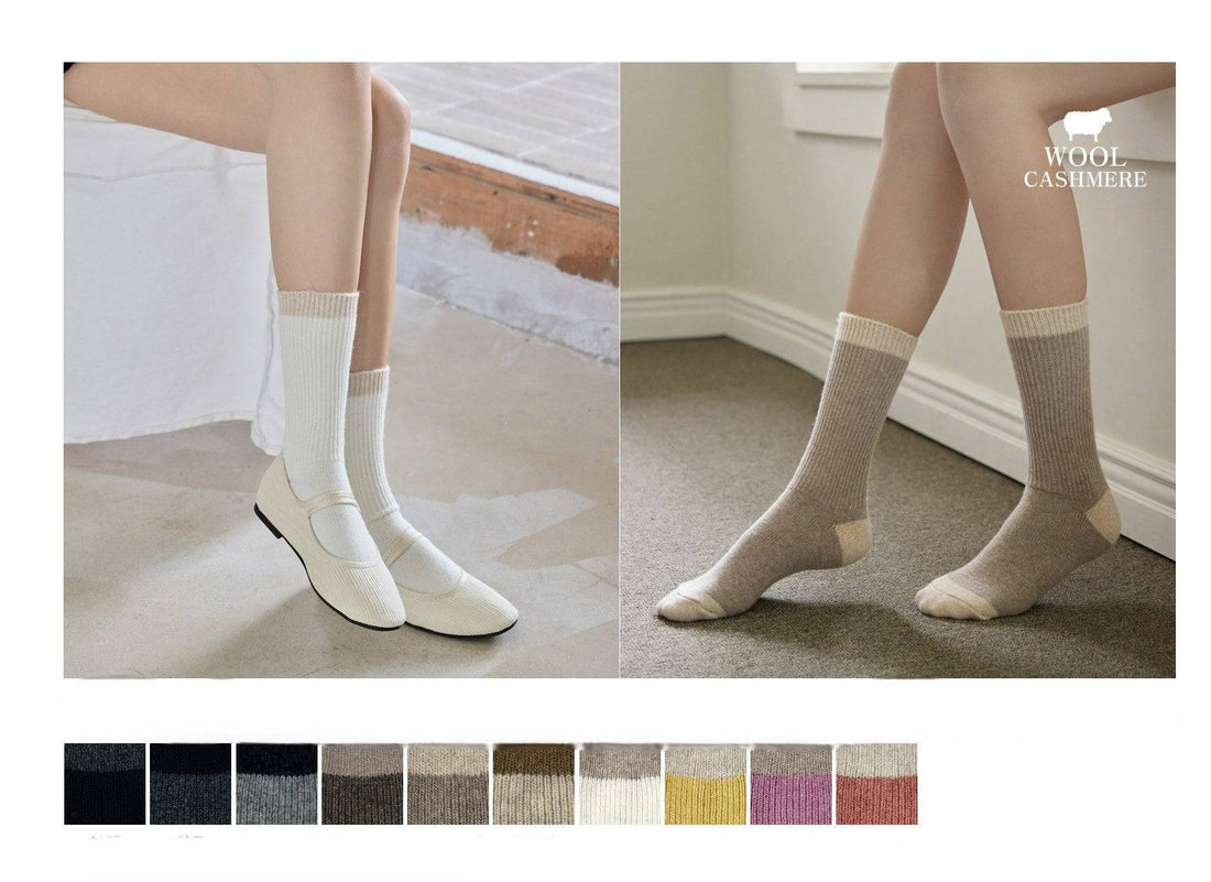 Two pairs of socks worn by legs on a neutral background with color swatches below.