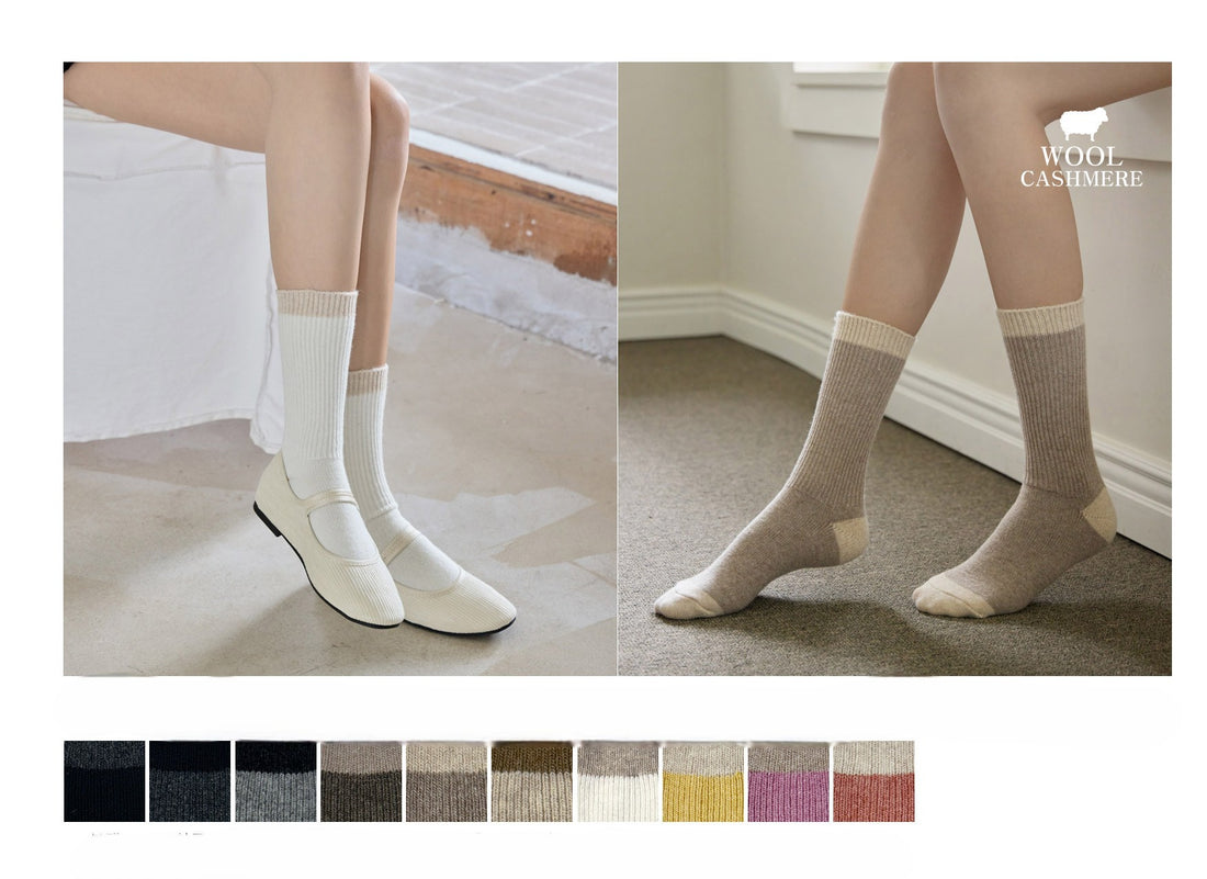 Two pairs of socks worn by legs on a neutral background with color swatches below.