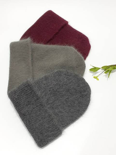 Three knitted beanies in gray and maroon on a white background