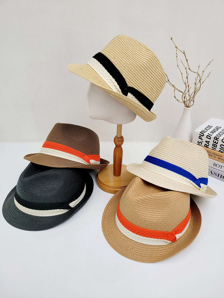raffia fedora - 2tone band hats in tan, brown, and black, each with a contrasting two-tone band detail. One hat is displayed on a mannequin head.