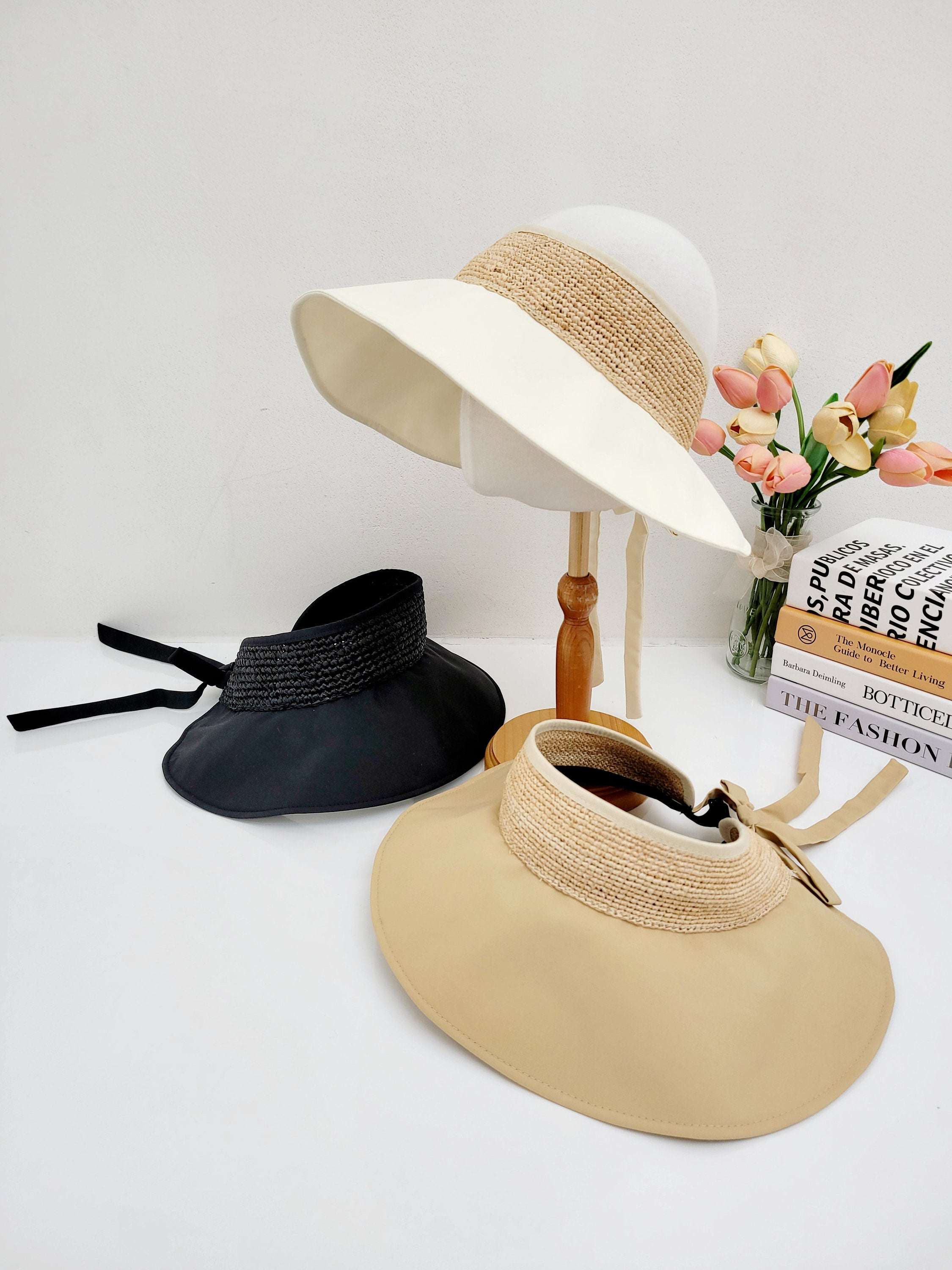 GRAYTON BEACH sun visors: white, black, and beige. Wide brim, straw-like band, adjustable ties. Stylish women's summer hat.