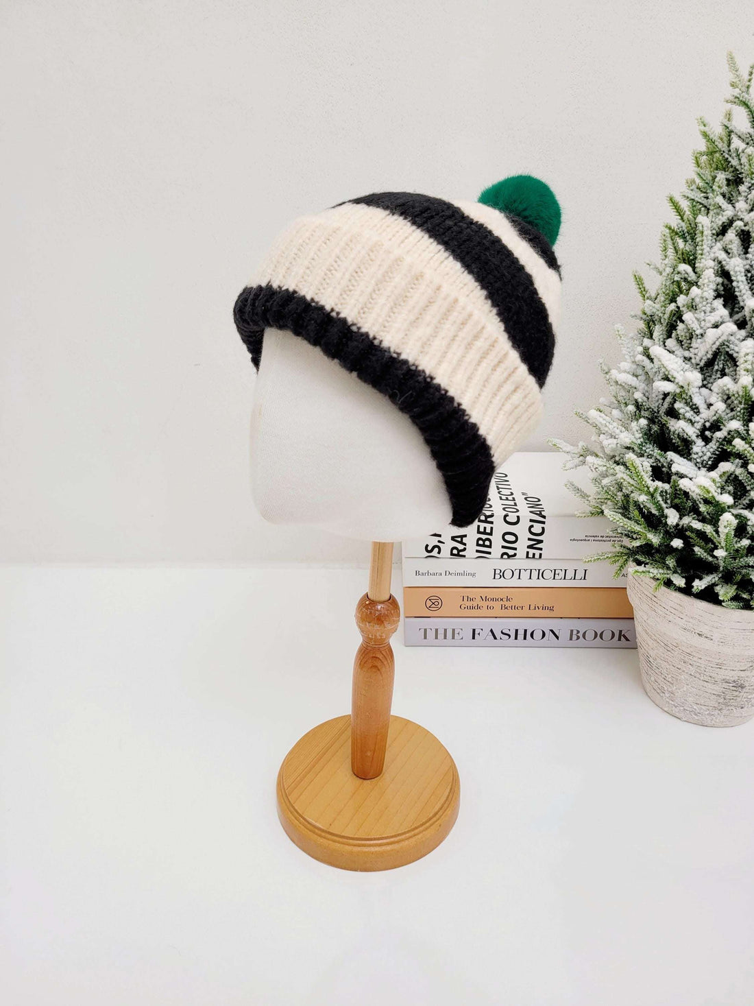 paris - b&w beanie: Striped knit hat with bold black and white bands and a playful green pompom