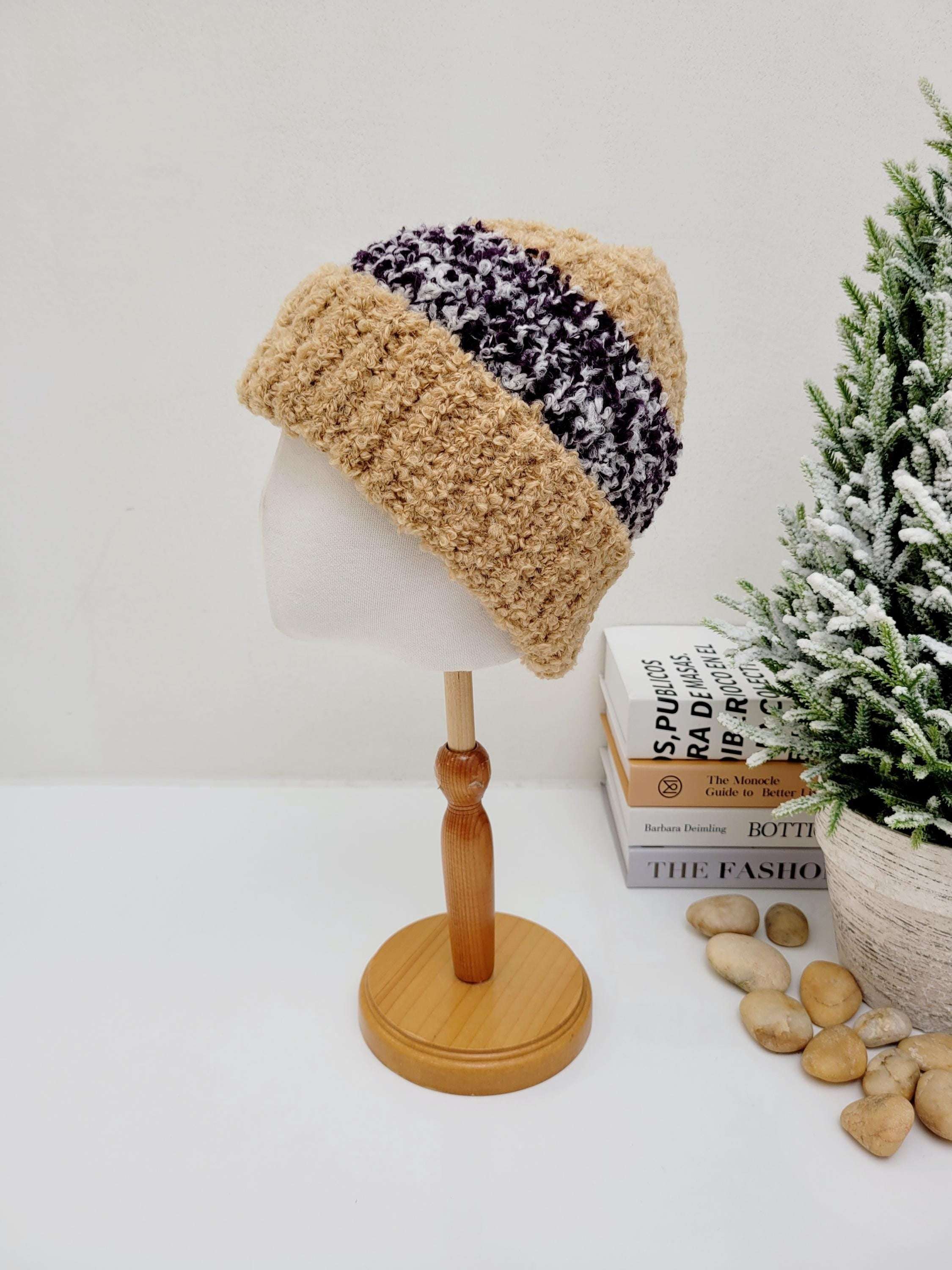 Textured beige and purple tokyo beanie - 2tone on a mannequin head, perfect for winter wear.