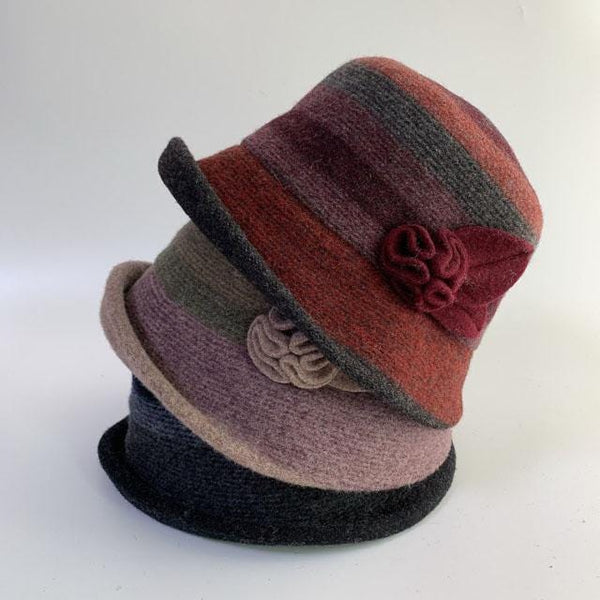 Wool Felt Bucket Hat with Floral Ribbon, Drawstring Fit, 22-23.6\