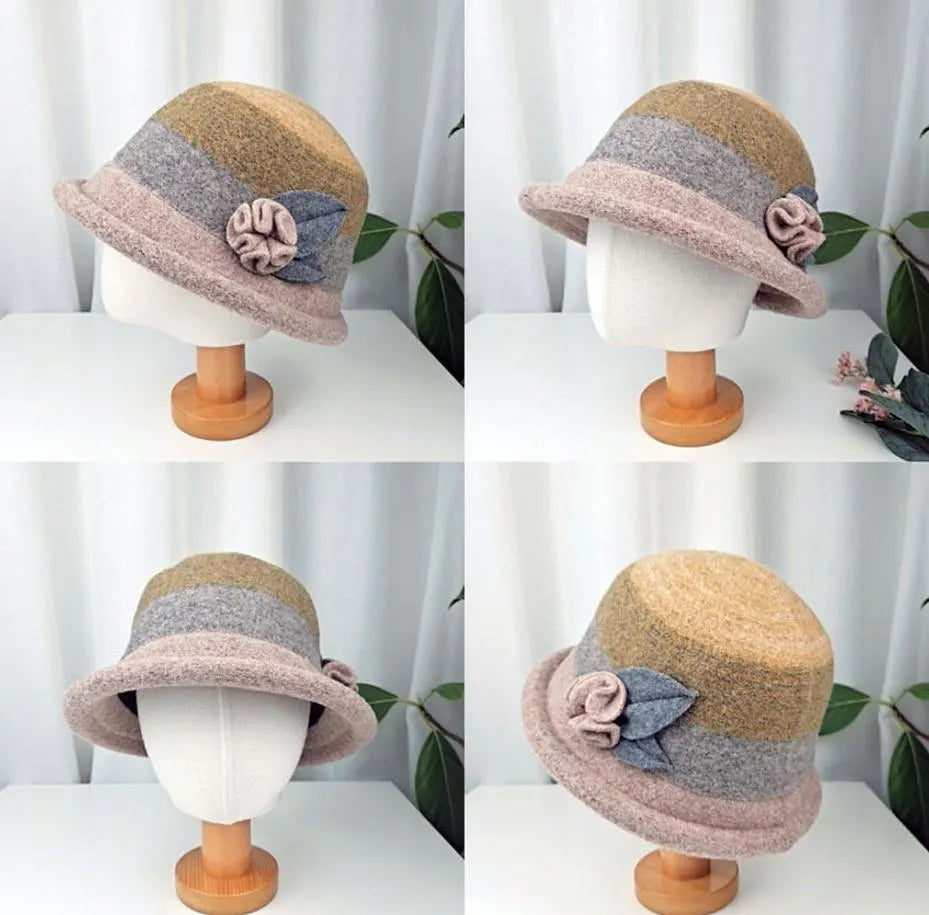 kelly hat: Brown, gray, and pink felt cloche hat with flower and leaf detail, shown from multiple angles.