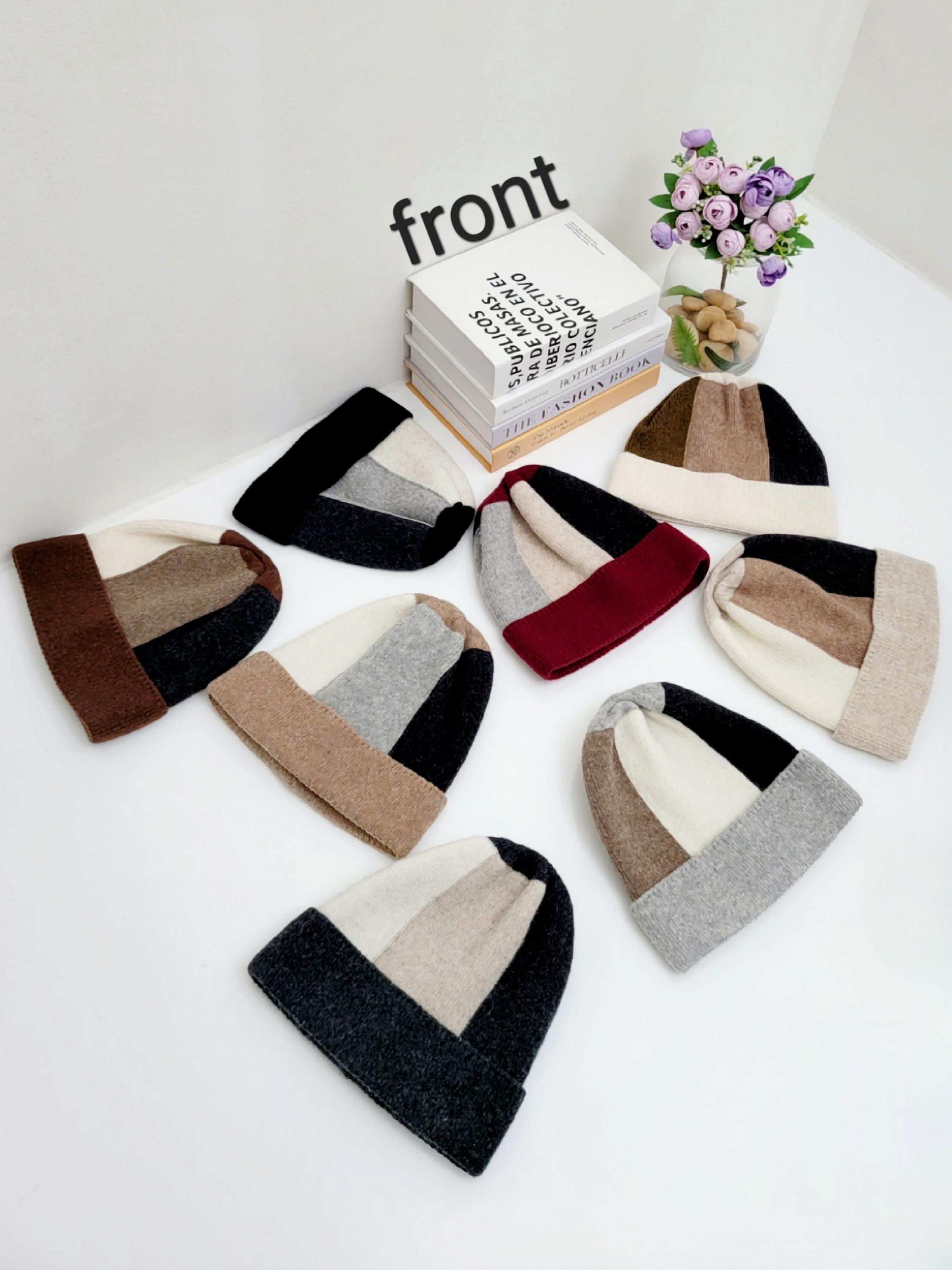 COLOR BLOCK WOOL BEANIE: Assorted beanies in wool, featuring stylish color blocks in black, brown, red, gray, and cream hues, displayed on a clean white backdrop.