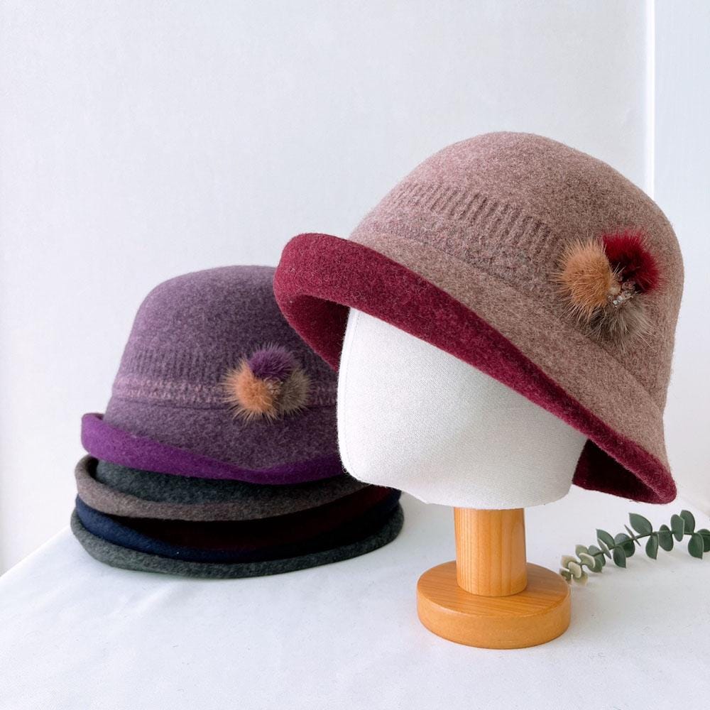 my first lady hat - wool: Cloche hats in mauve, purple, gray & navy. Wool felt with a tonal brim & pom-pom detail. Elegant vintage style.