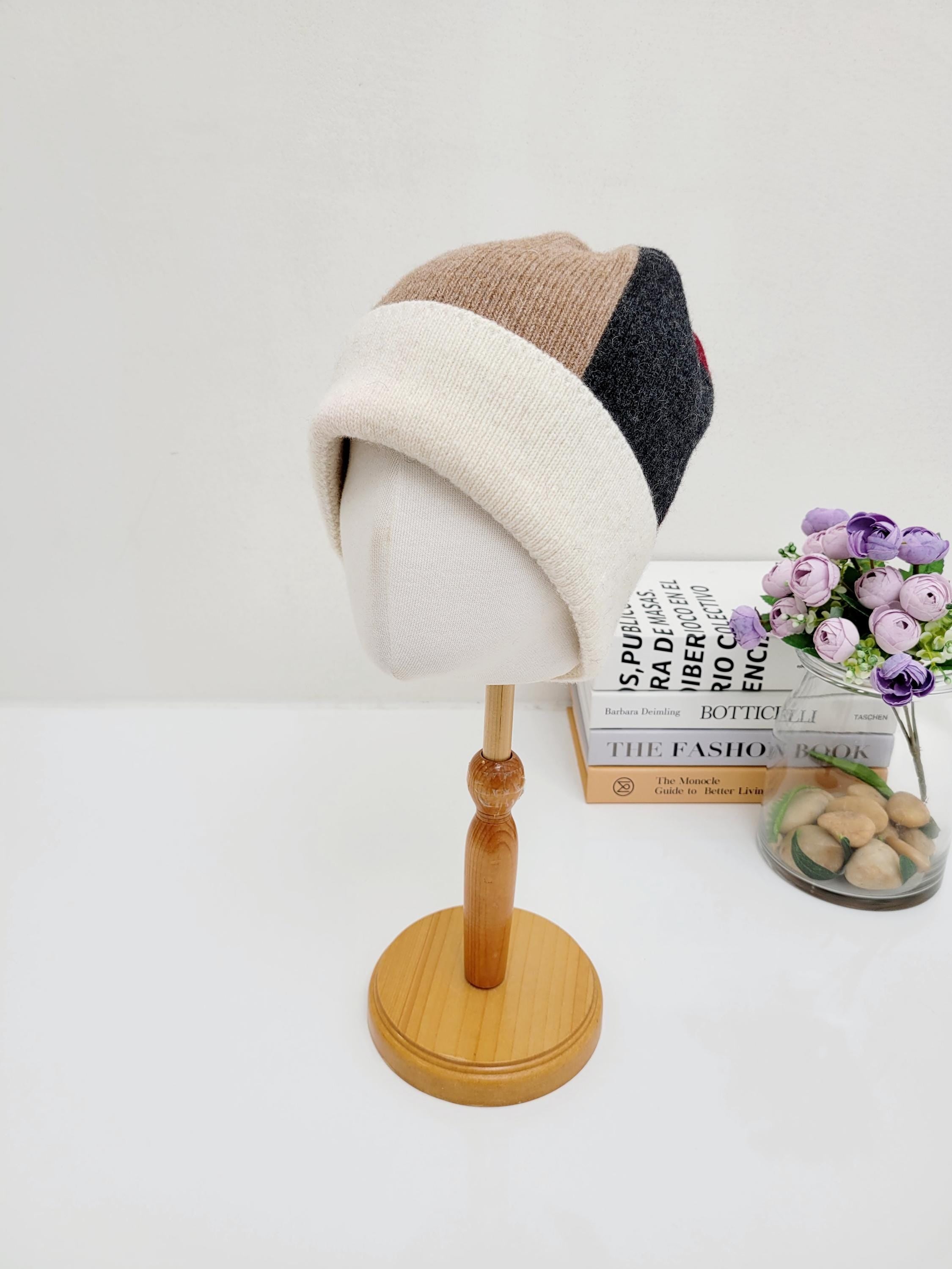 Color block wool beanie: cream, tan, and charcoal panels. Warm and stylish winter hat.